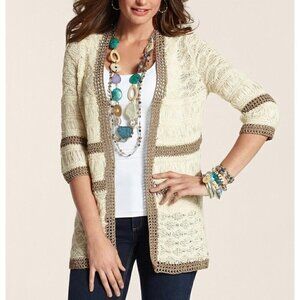 Chico's 0 Sz S Ivory Metallic Bronze Open Woven Stretch Crochet Cardigan Sweater